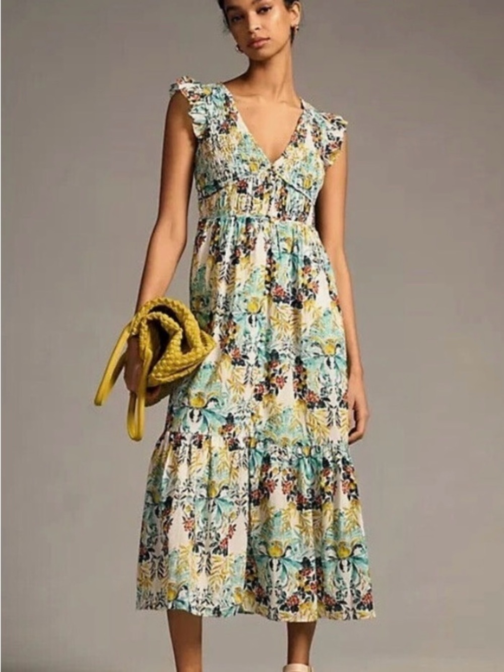 Anthropologie Floral V-Neck Tiered Midi Dress in Yellow & Teal